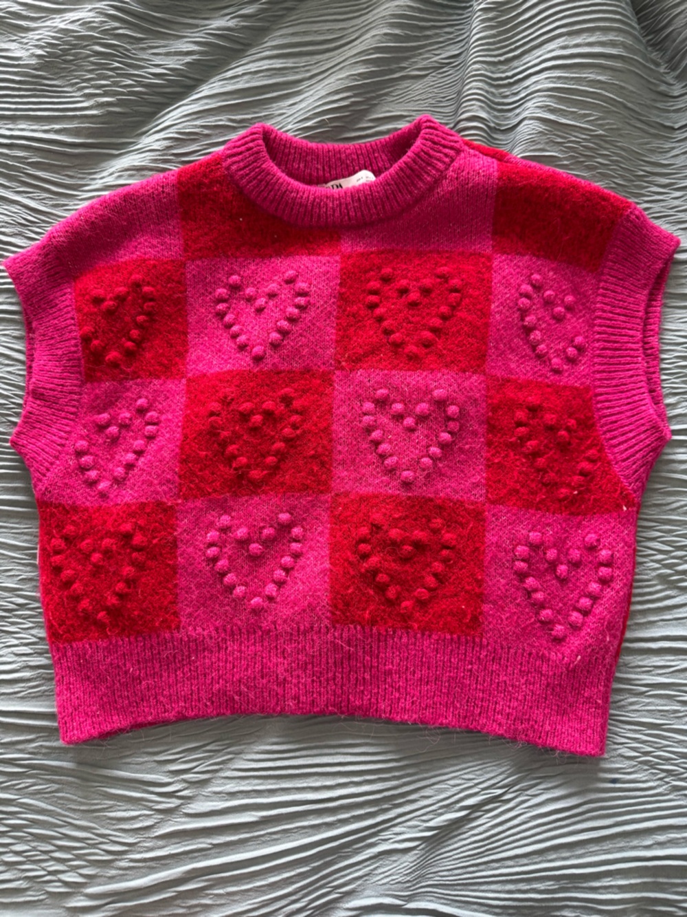 Zara Pink & Red Heart Check Knit Shell